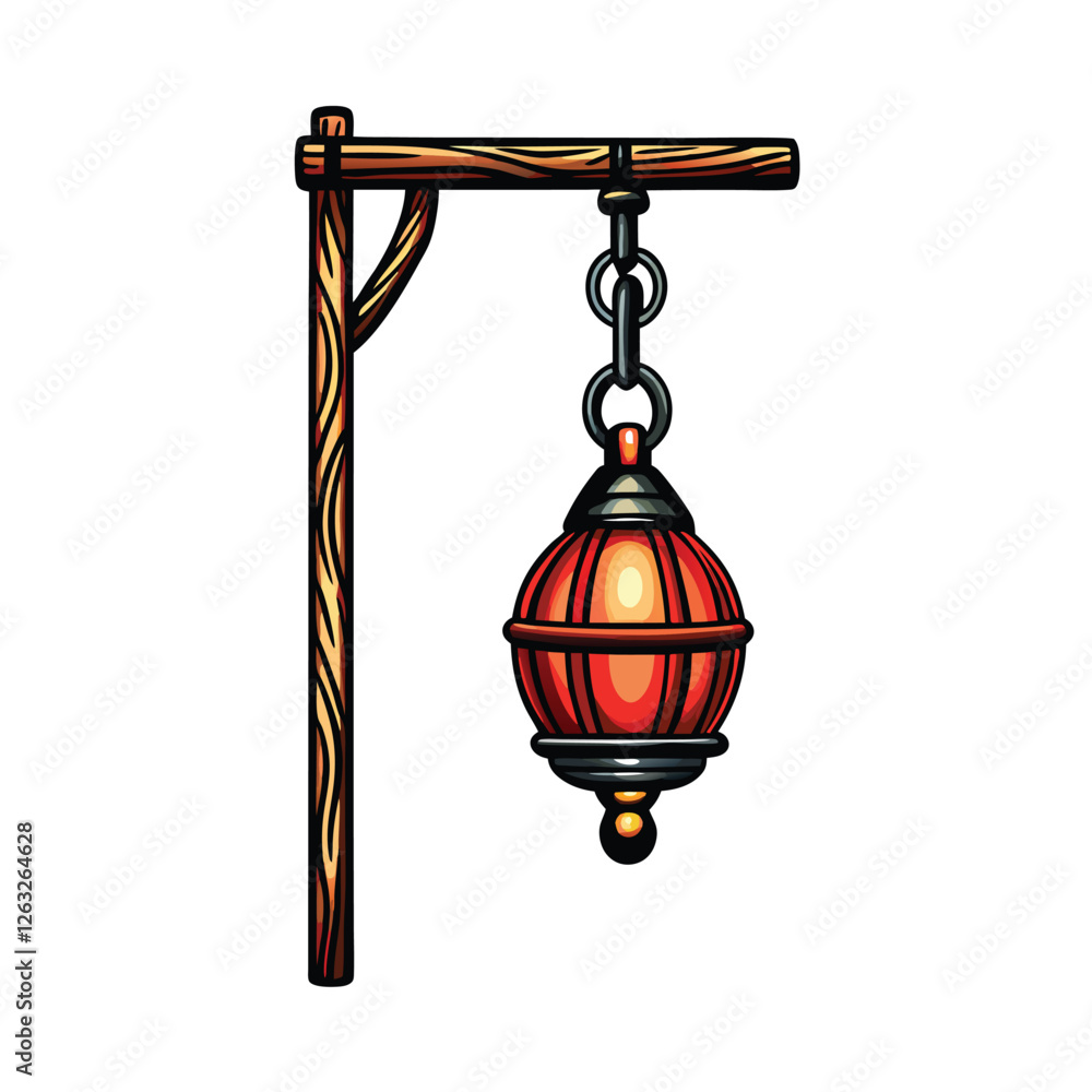 Poster create an editable stroke vector graphic of an antique lantern hanging from a hook, showcasing intri