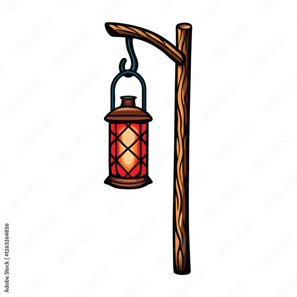 Poster create a detailed vector illustration of a hanging lantern, featuring an editable stroke, suitable f
