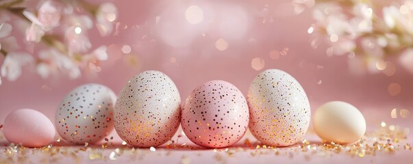 Obraz premium Pastel Easter Eggs with Glitter on a Pink Background