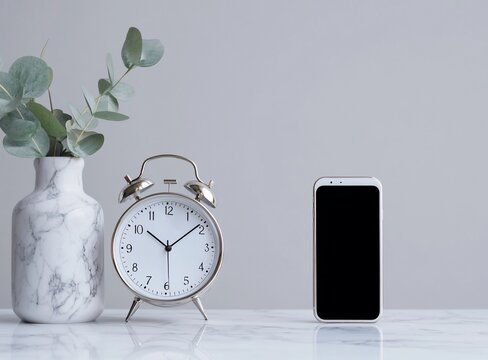 Alarm clock, smartphone, and eucalyptus in vase on marble surface.