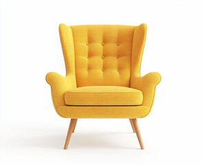 Yellow wingback armchair on white background.
