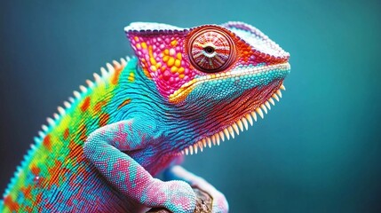 Obraz premium Vibrant multicolored chameleon with intricate scale patterns and striking eye detail on a blue background. Wildlife and exotic nature concept for editorial and creative use.