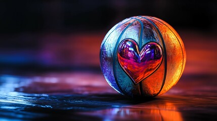 Iridescent basketball on the right side with a metallic heart on a dark, blurry background. Sport, basketball, copy space concept. 
