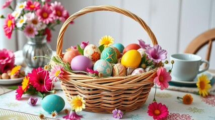 Naklejka premium Vibrant Easter basket filled with colorful eggs, candy, and flowers on a festive breakfast table, breakfast table, Easter decorations, festive setup