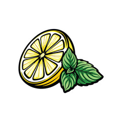 Create a vibrant, editable vector illustration of a lemon slice with fresh mint leaves, ideal for beverage or food designs.  High-resolution, clean lines.