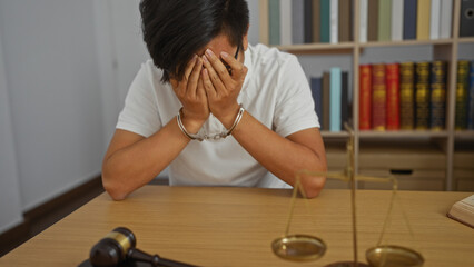Young man in handcuffs sitting in an office with head in hands, surrounded by legal books, scales,...