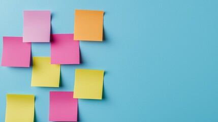 Social media trends and marketing live, A colorful arrangement of sticky notes on a blue background, creating a vibrant and creative workspace atmosphere.
