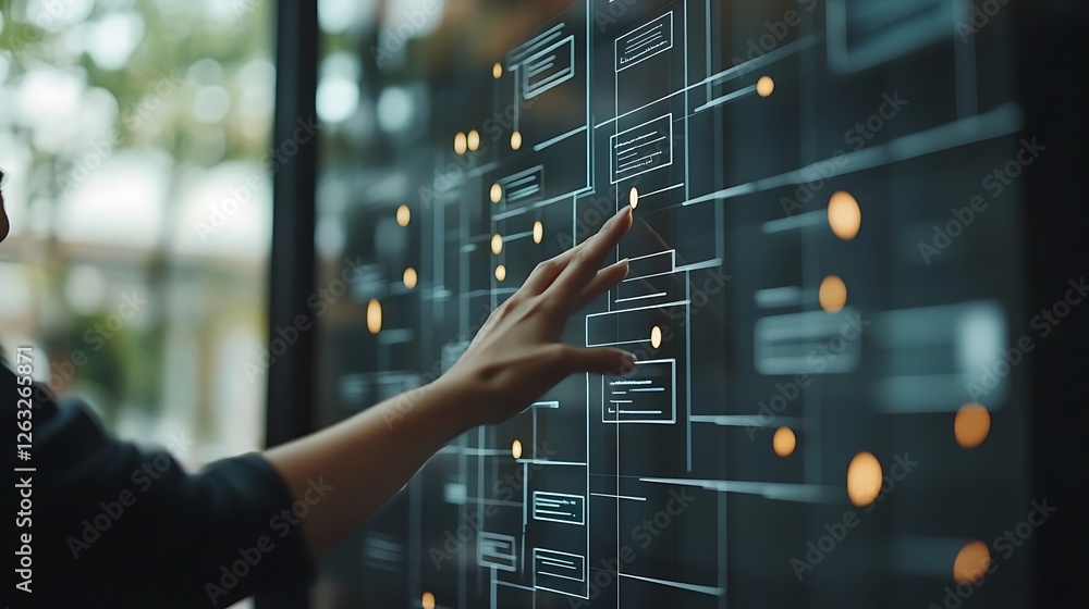 Poster hand interacting with a digital interface showing a complex network diagram.