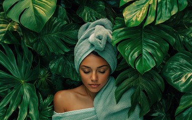 Woman relax in SPA wrapped in a soft towel. Top view, surrounded by fresh green leaves and tropical plants, creating a natural and eco-friendly atmosphere.