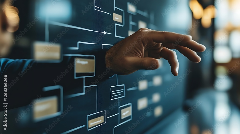Poster hand interacting with digital flowchart on a screen.