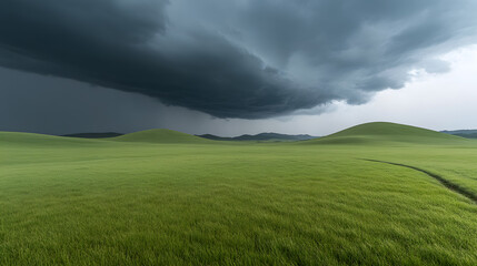 Obraz premium Dramatic storm clouds gather above rolling green fields, creating a stunning contrast between light and shadow, serene landscape, and ominous sky.