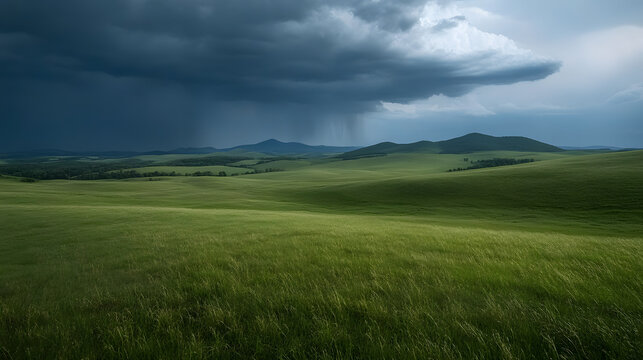 Lush green meadow landscape with a moody sky and distant rain shower, evoking a sense of drama and tranquility in nature. Peaceful country view. - Powered by Adobe