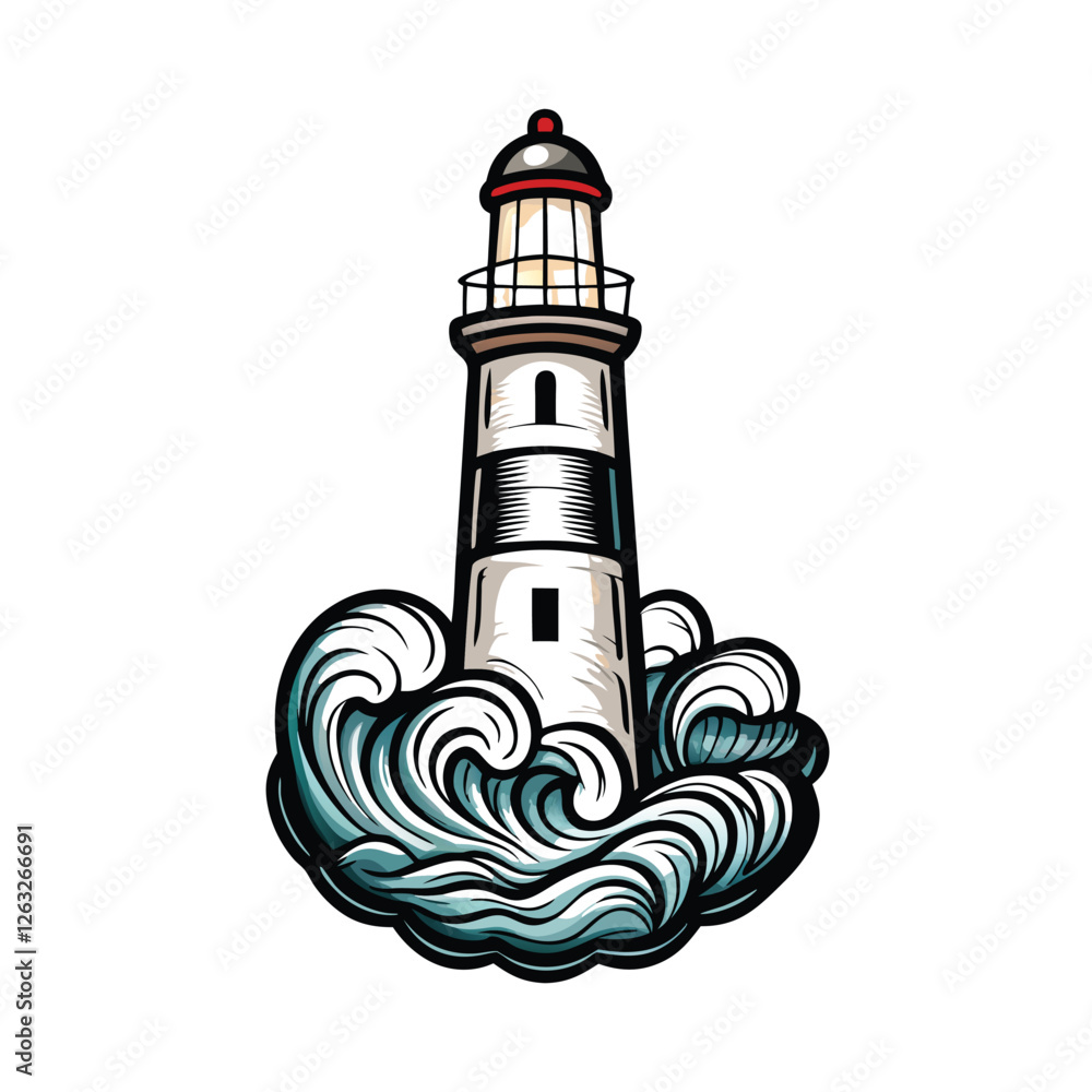 Poster create an editable stroke vector graphic of a solitary lighthouse surrounded by turbulent ocean wave