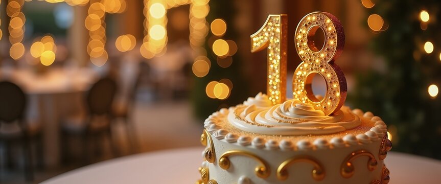 Elegant 18th birthday cake with candles, festive celebration background, milestone event