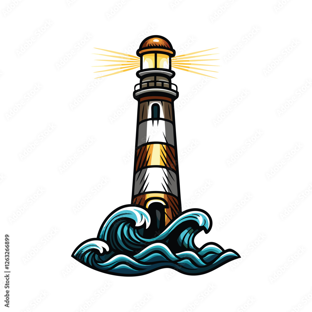 Poster create a clean, editable vector illustration of a classic lighthouse standing strong against crashin