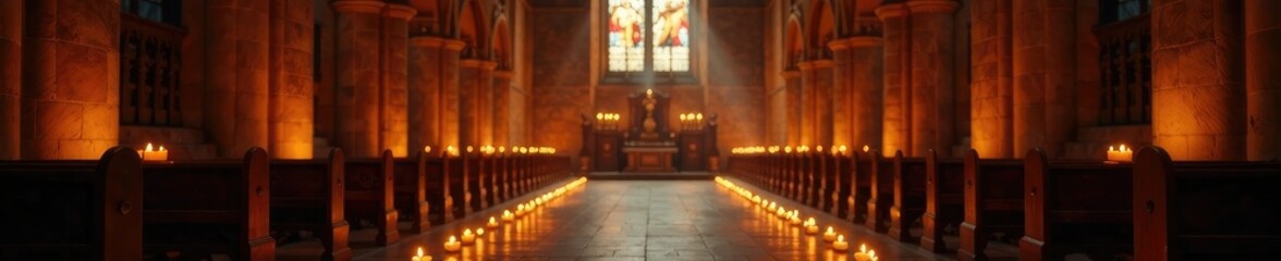 Fototapeta premium Warm candlelight casts a sense of calm over the nave, calm, peacefulness