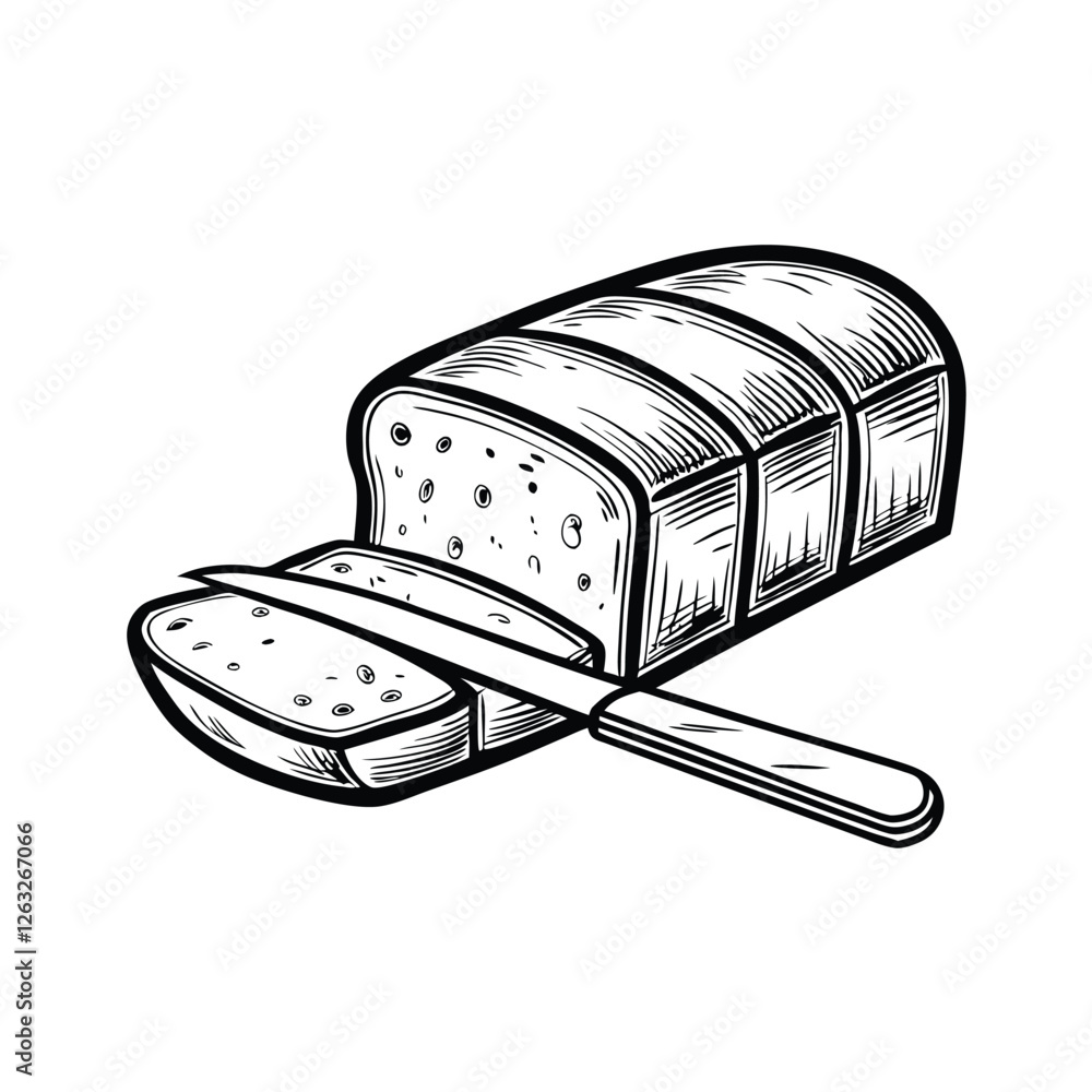 Poster create an editable stroke vector graphic of a rustic loaf of bread with a prominent 