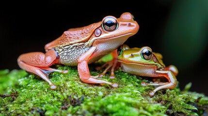 Naklejka premium Two colorful tree frogs rest together on a vibrant green mossy branch in a dark rainforest setting.
