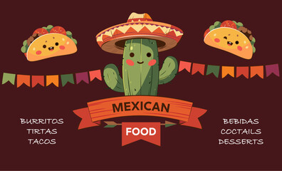 Mexican food. Bright template for a festive festival. Mexican food and drinks. Cheerful cactus in a sambrero hat