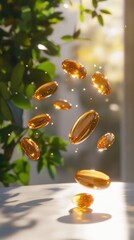 Golden vitamin capsules float in mid-air against lush green background, illuminated by warm sunlight. Concept  health, natural supplements, and benefits organic wellness products. Vertical banner