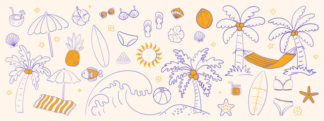 Vector set of tropical summer hand drawn elements for social media and web design Vector set of tropical summer hand drawn elements for social media and web design.