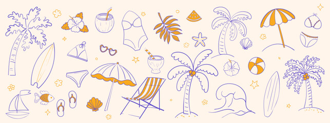 Vector set of tropical summer hand drawn elements for social media and web design Vector set of tropical summer hand drawn elements for social media and web design.