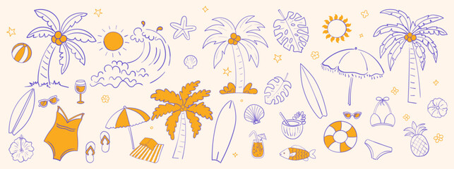Vector set of tropical summer hand drawn elements for social media and web design Vector set of tropical summer hand drawn elements for social media and web design.