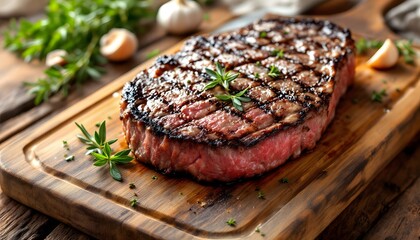 Grilled Steak on Wooden Board with Rosemary and Garlic Preparation
