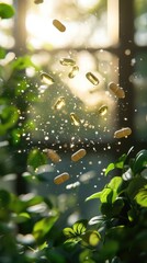 Golden vitamin capsules float in mid-air against lush green background, illuminated by warm sunlight. Concept  health, natural supplements, and benefits organic wellness products. Vertical banner