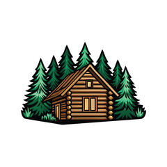 Naklejka premium Create an editable stroke vector graphic of a rustic log cabin nestled amongst lush green trees in a dense forest. Illustrate detail in the cabin's wooden texture and surrounding foliage.