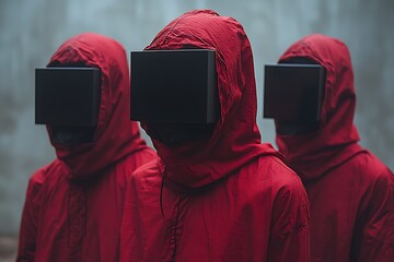 Three figures in red hooded jackets and black face coverings.