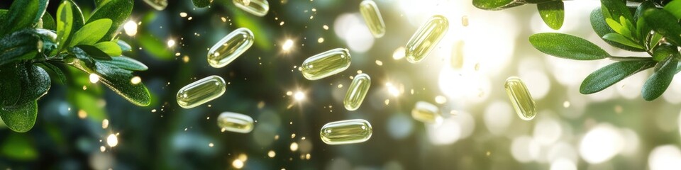 Golden vitamin capsules float in mid-air against lush green background, illuminated by warm sunlight. Concept  health, natural supplements, and benefits organic wellness products.