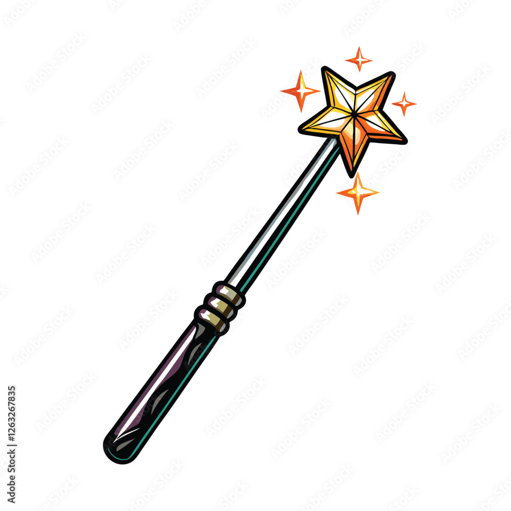 Poster create a vibrant, editable vector graphic of a magic wand with sparkling effects, suitable for vario