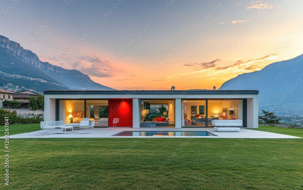 Wall mural A modern house in the Italian Alps, with a flat roof and large windows with sliding glass doors leading to an outdoor patio area