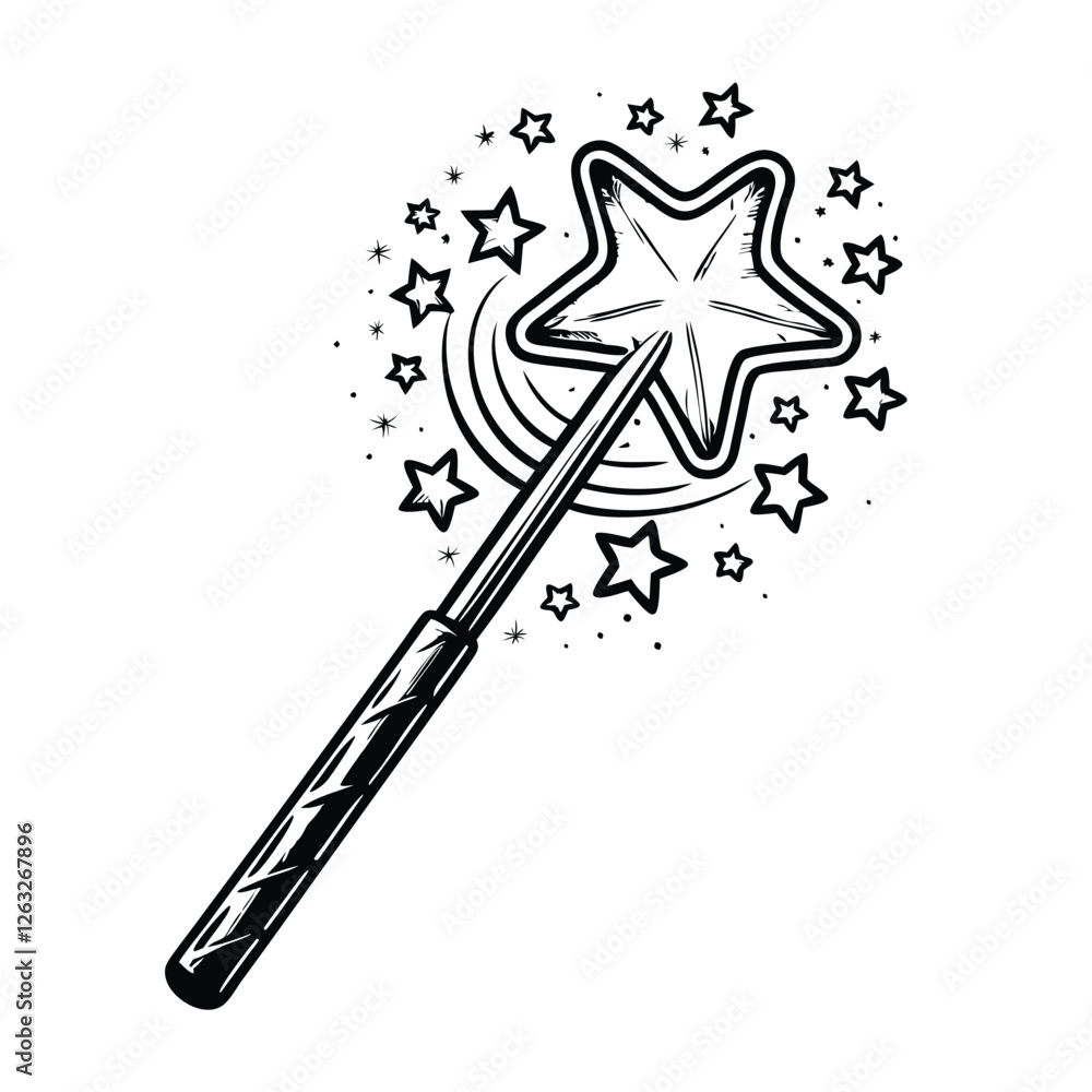 Poster create a high-resolution, editable stroke vector graphic of a whimsical magic wand, emitting sparkli