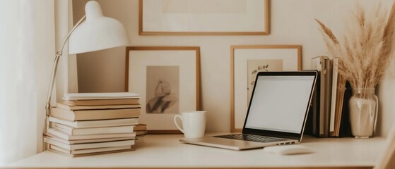 Cozy workspace with laptop, books, lamp, and decor.