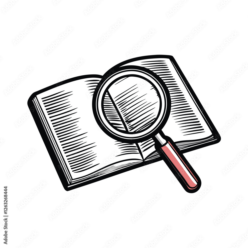 Poster editable stroke vector graphic of a magnifying glass enlarging a detailed element. create a clean, p