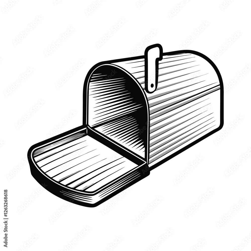Poster create a clean, editable vector illustration of a mailbox with its lid open, revealing an empty inte
