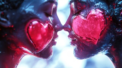 A couple in love with glowing red hearts on their faces share an intimate moment, their noses touching. Concept of love, emotional connection, and fusion human affection with technology and modern art