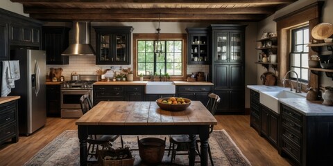 Rustic Farmhouse Kitchen With Dark Cabinets And Wooden Table
