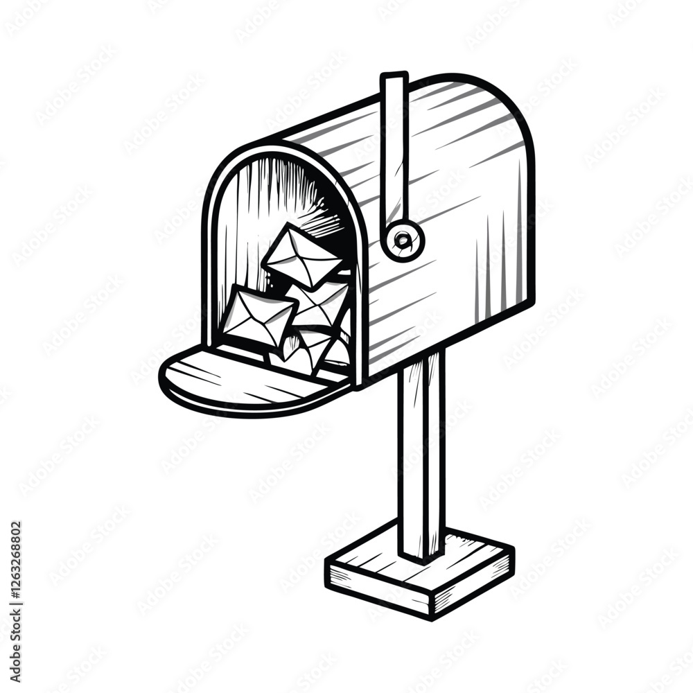 Poster create a clean, editable stroke vector graphic of a classic mailbox overflowing with 's' shaped lett