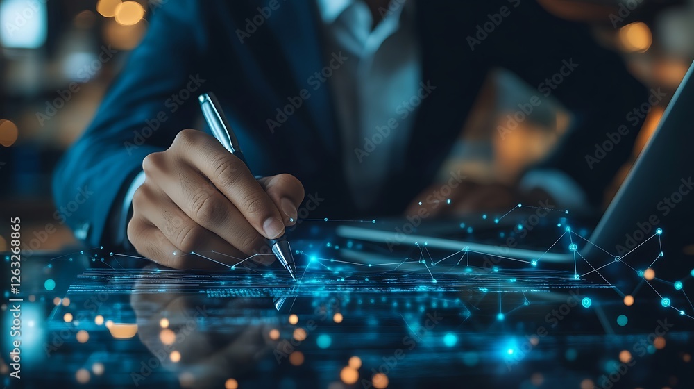 Poster person uses a pen to interact with a digital interface showing network connections.