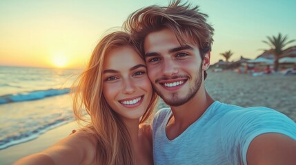 Obraz premium Couple Enjoying Sunset at Beach Romantic Moment Coastal Scene Warm Environment Intimate Viewpoint