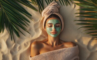 Woman relax in SPA wrapped in a soft towel. Top golden sand and ocean breeze enhancing the spa experience.