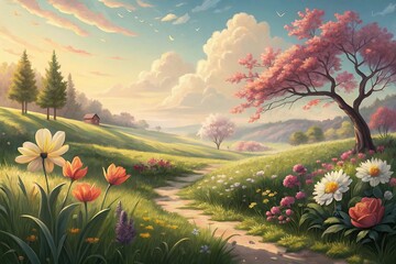 spring landscape with blooming trees over a peaceful serene lake district lake surrounded Landscape royalty
