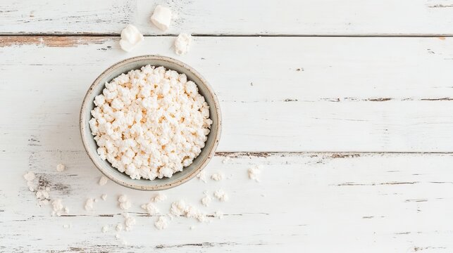 Puffed rice in bowl on white wooden table, flat lay. Space for text