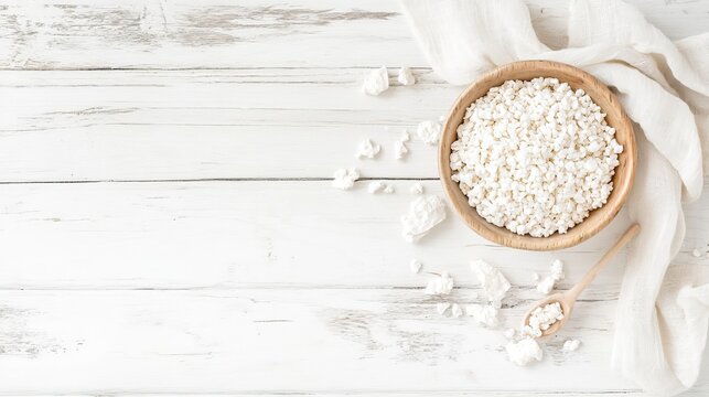 Puffed rice in bowl on white wooden table, flat lay. Space for text