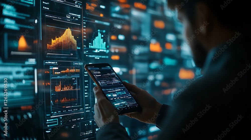 Poster person analyzing financial data on a phone and large screens showing graphs, charts, and numbers in 