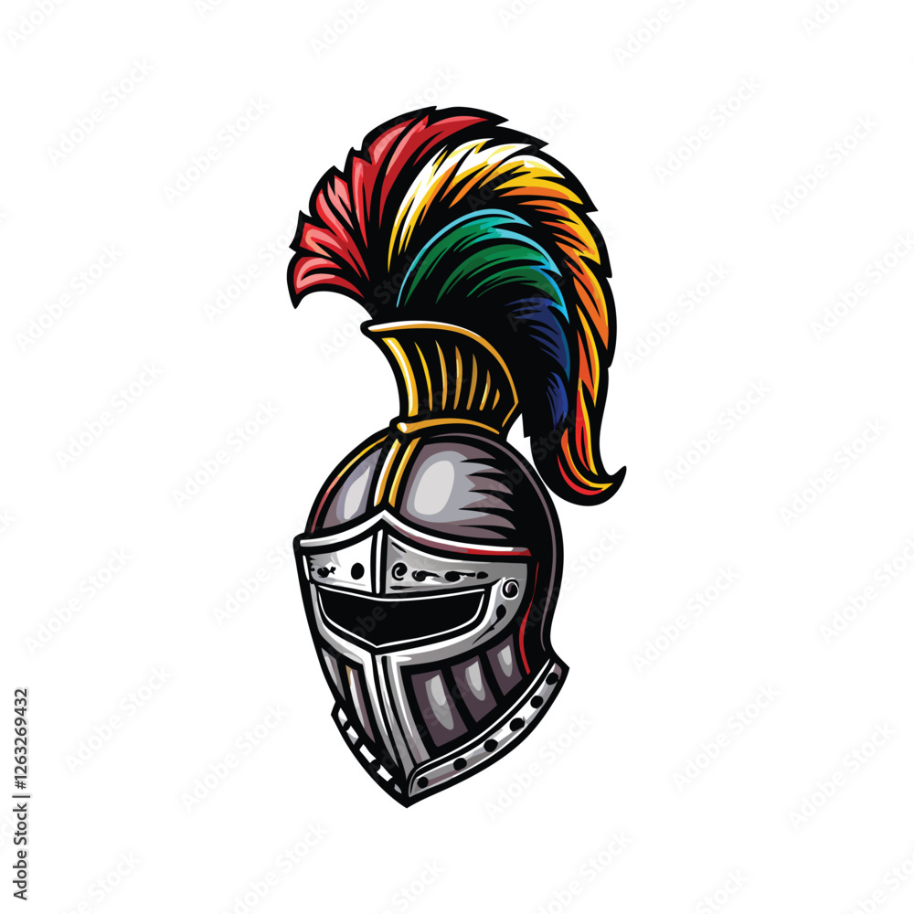 Poster create a highly detailed, editable stroke vector graphic of a medieval helmet, featuring a prominent