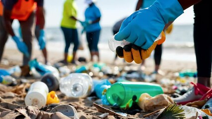 Close-up of volunteer's hands wearing gloves and collecting plastic bottles and waste on polluted beach during cleanup, with more people actively working behind. Recycling campaign to save the earth - Powered by Adobe